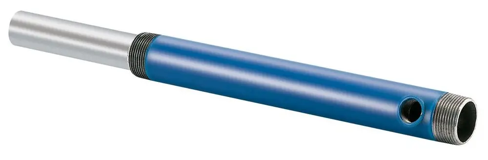 Remeha Rücklaufanschluss in blauer und silberner Ausführung mit gerippter Gewindeverbindung und seitlichem Anschlussloch.